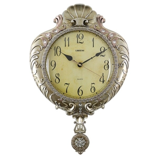 Wall Clock, Jeweled Silverish Gold Polyresin w/ Pendulum, 22"