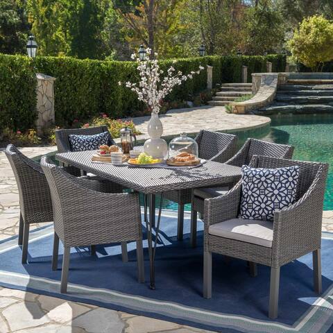 Giovani Outdoor 7-piece Rectangular Wicker Dining Set with Cushions by Christopher Knight Home