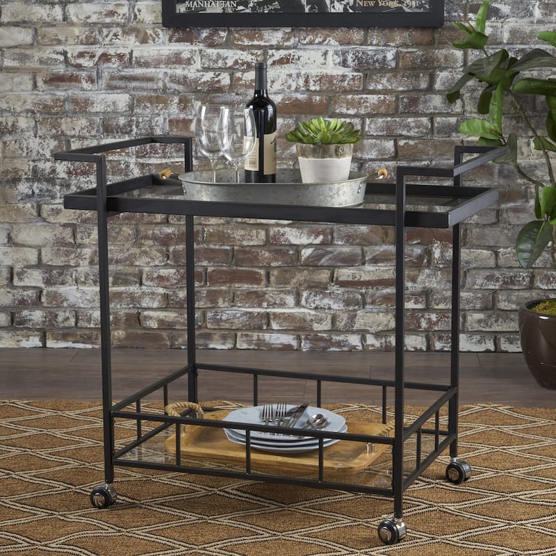 Ambrose Industrial Glass Bar Cart with Shelves by Christopher Knight Home
