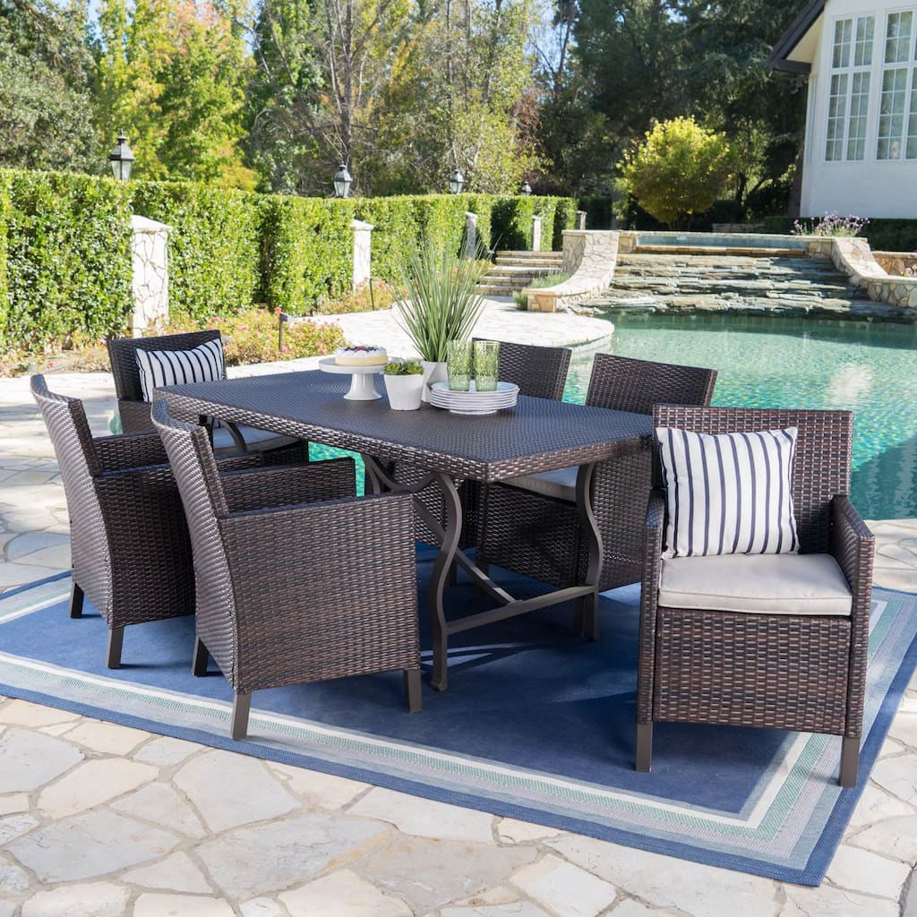 Arlo Outdoor 7-piece Rectangular Wicker Aluminum Dining Set with Cushions by Christopher Knight Home - N/A