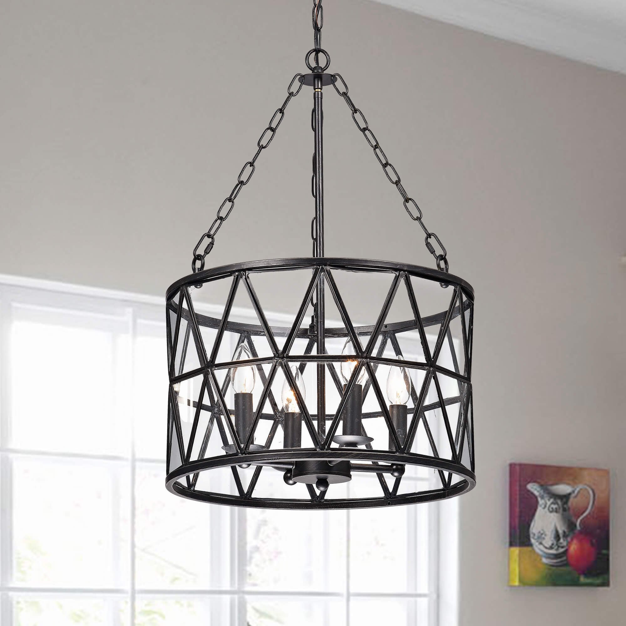 Eliana Antique Black Finish Iron Glass Shade 4-light Chandelier (Glass Shade, 4-Light, Drum Chandelier) - Chandeliers For Bedrooms by Overstock.com