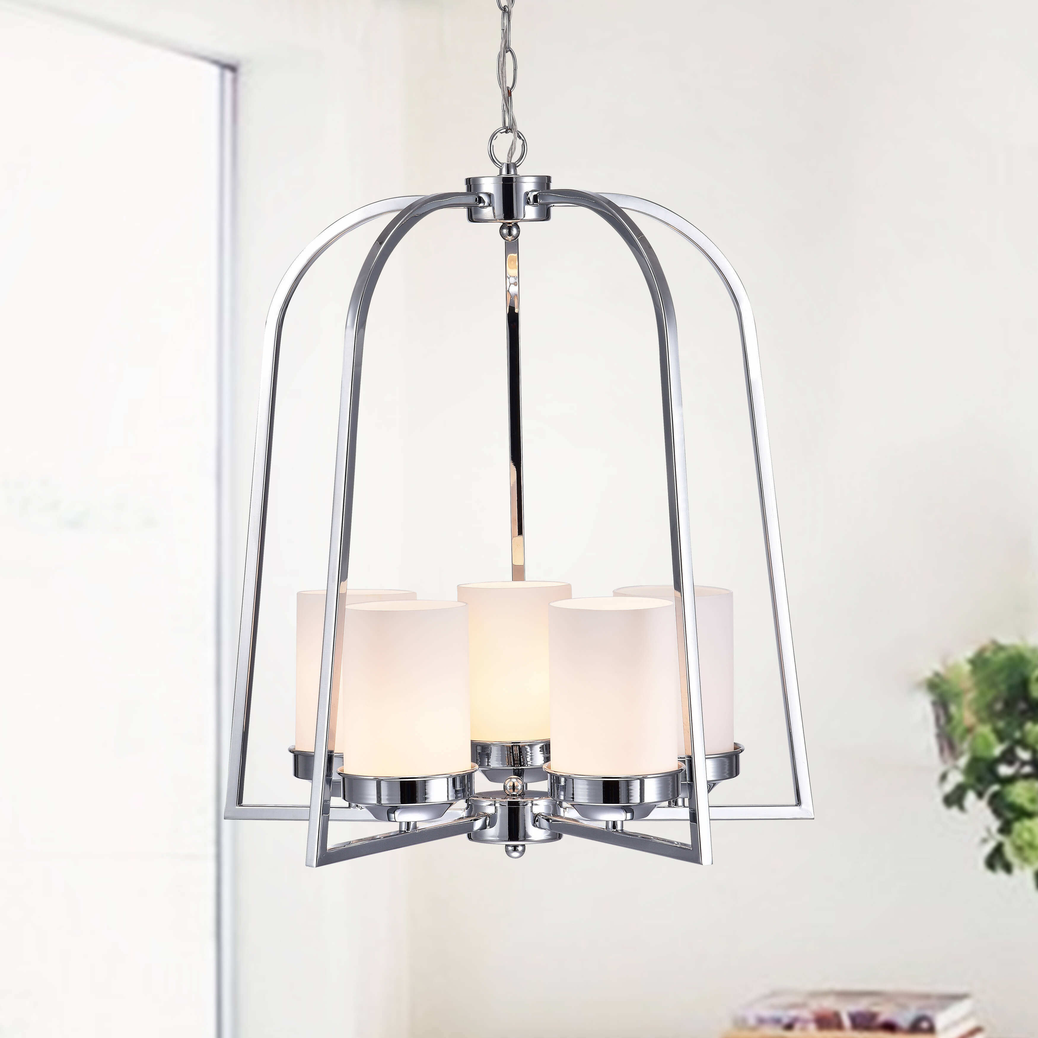 Albany Chrome Finish Iron White Glass Shade 5-light Chandelier (5-Light, Chandelier, Chrome Finish, White Shades) - Chandeliers For Bedrooms by Overstock.com