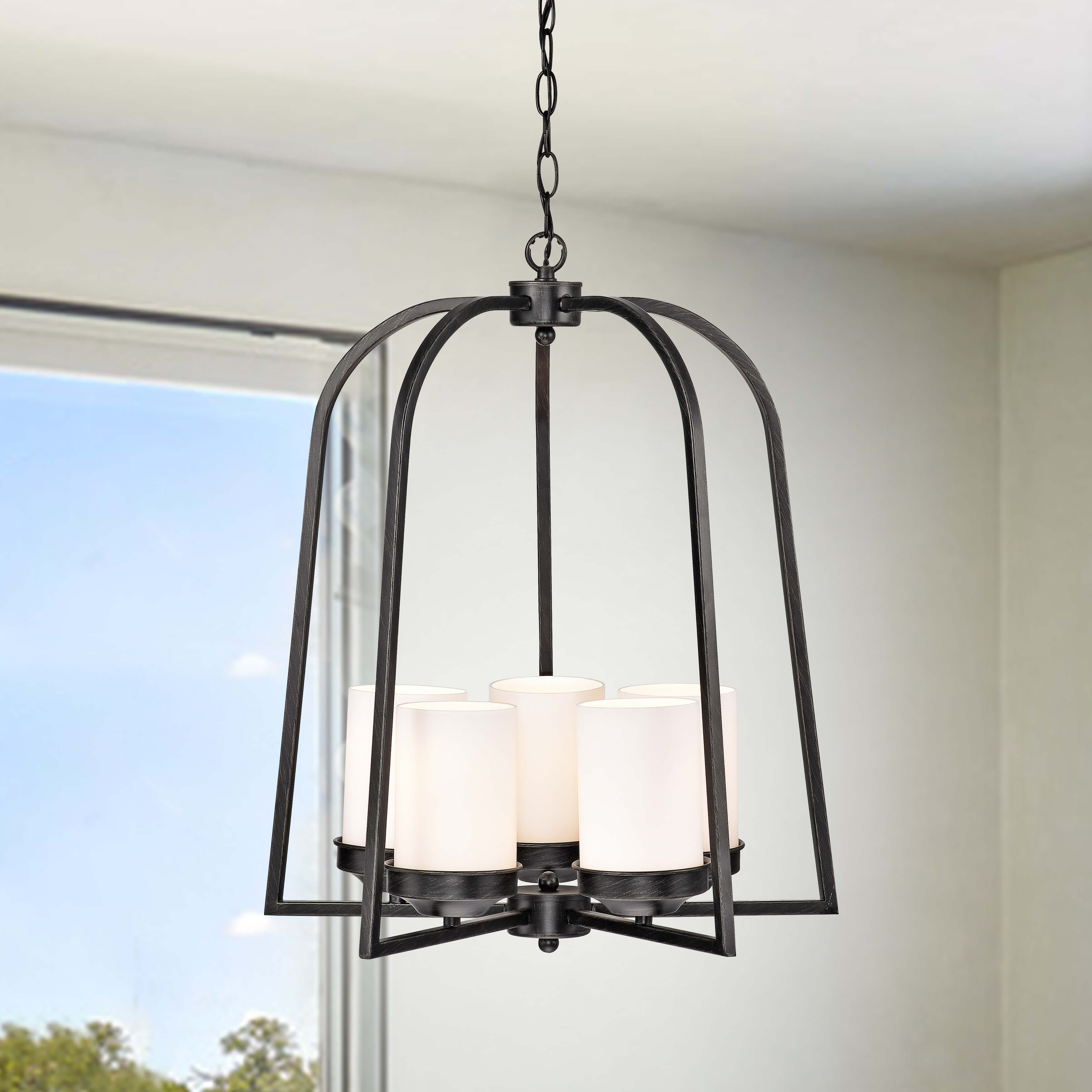 Albany Antique Black/ White Shade 5-light Chandelier (Antique Black, 5-Light, Chandelier, White Shades) - Chandeliers For Bedrooms by Overstock.com