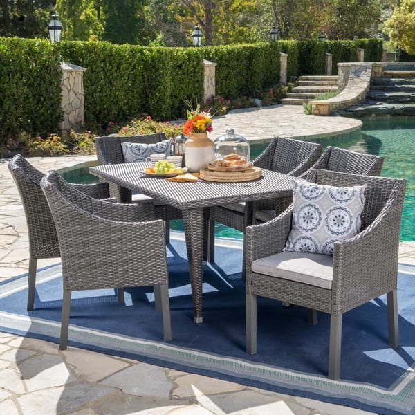 slide 11 of 11, Alameda Cushioned Wicker 7-piece Dining Set by Christopher Knight Home Grey