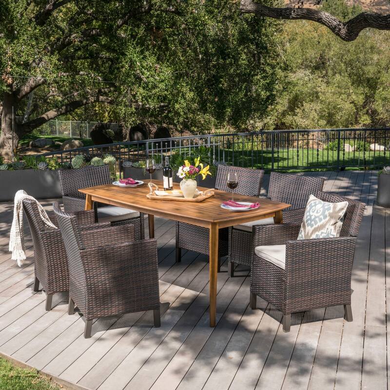 Reese Outdoor 7-piece Rectangular Wicker Wood Dining Set with Cushions by Christopher Knight Home