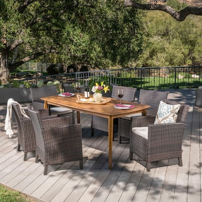 Reese Outdoor 7-piece Rectangular Wicker Wood Dining Set with Cushions by Christopher Knight Home