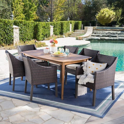 Ethan Outdoor 7-piece Rectangular Wicker Wood Dining Set with Cushions by Christopher Knight Home