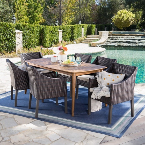 Shop Ethan Outdoor 7-piece Rectangular Wicker Wood Dining ...