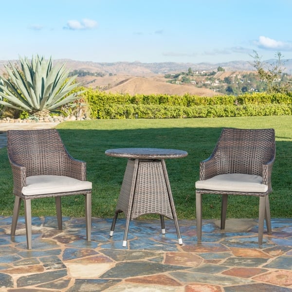 Shop Hillhurst Outdoor 3 Piece Round Wicker Bistro Chat Set With Umbrella Hole Cushions By Christopher Knight Home Overstock 18087799 Multibrown Light Brown Cushion