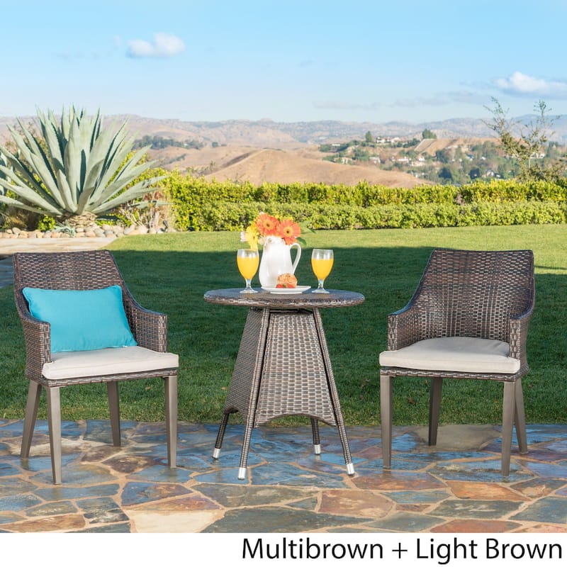 Hillhurst Outdoor 3-Piece Round Wicker Bistro Chat Set with Umbrella Hole & Cushions by Christopher Knight Home - N/A