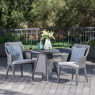 Hillhurst Outdoor 3-Piece Round Wicker Bistro Chat Set with Umbrella Hole & Cushions by Christopher Knight Home - N/A