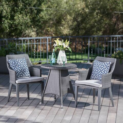 Hillhurst Outdoor 3-Piece Round Wicker Bistro Chat Set with Umbrella Hole & Cushions by Christopher Knight Home