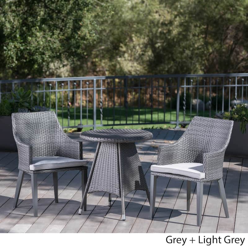 Hillhurst Outdoor 3-Piece Round Wicker Bistro Chat Set with Umbrella Hole & Cushions by Christopher Knight Home - N/A