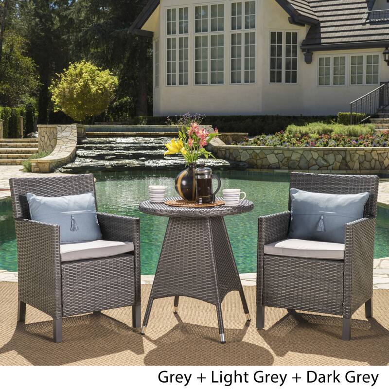 Cypress Outdoor 3-Piece Round Wicker Bistro Chat Set with Umbrella Hole & Cushions by Christopher Knight Home
