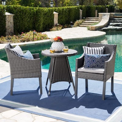 Franco Outdoor 3-Piece Round Wicker Bistro Chat Set with Umbrella Hole & Cushions by Christopher Knight Home