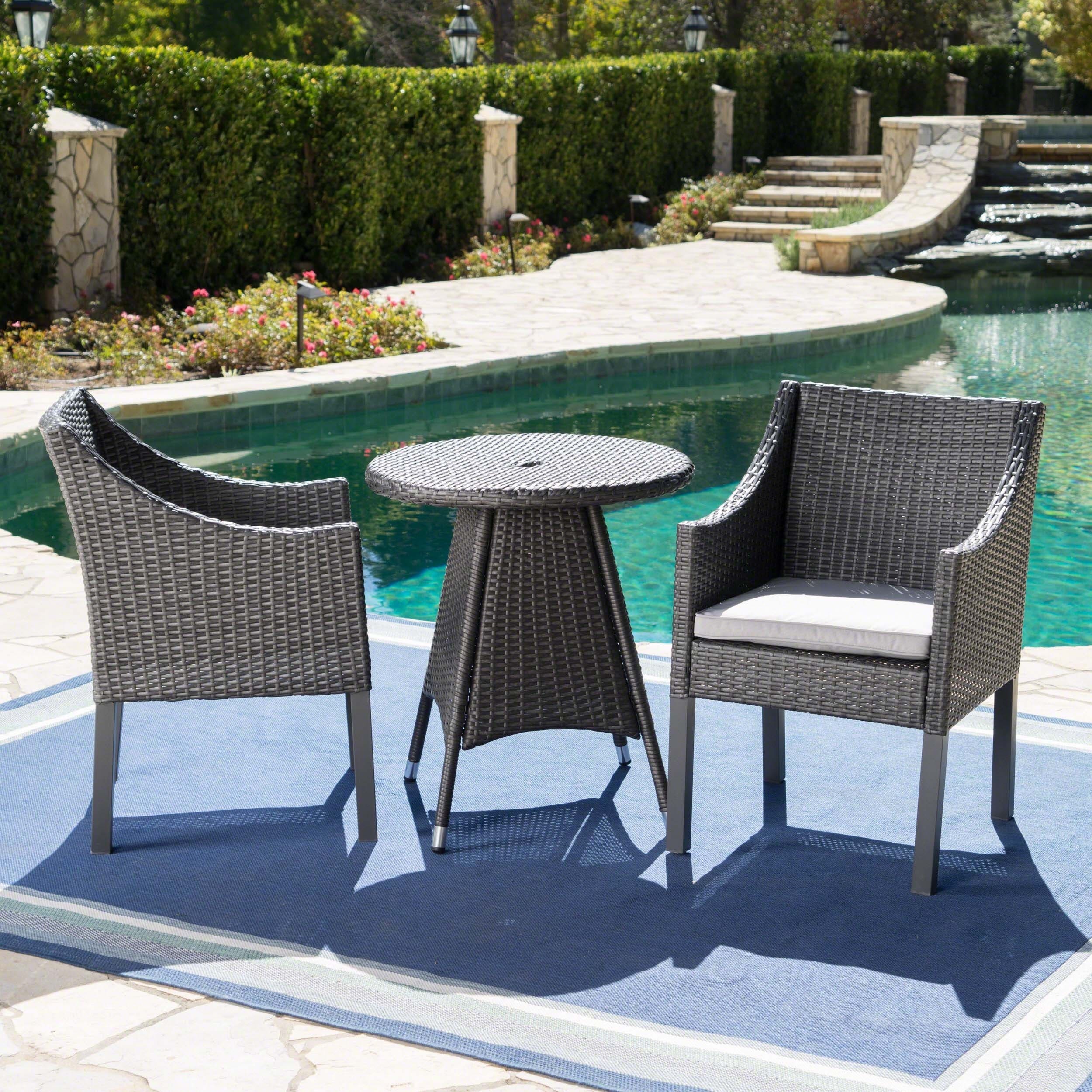 Shop Black Friday Deals On Franco Outdoor 3 Piece Round Wicker Bistro Chat Set With Umbrella Hole Cushions By Christopher Knight Home Overstock 18087813 Grey