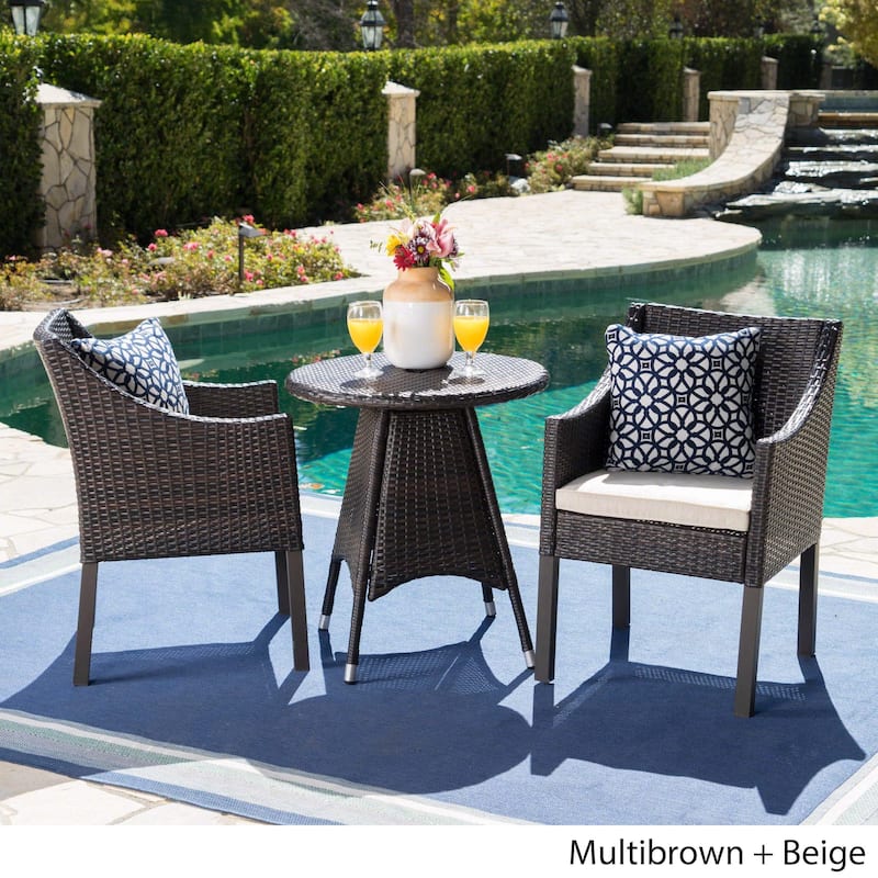 Franco Outdoor 3-Piece Round Wicker Bistro Chat Set with Umbrella Hole & Cushions by Christopher Knight Home - N/A - Multibrown + Beige