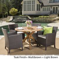 Wes Outdoor 5-piece Round Wicker Wood Dining Set with Cushions by Christopher Knight Home