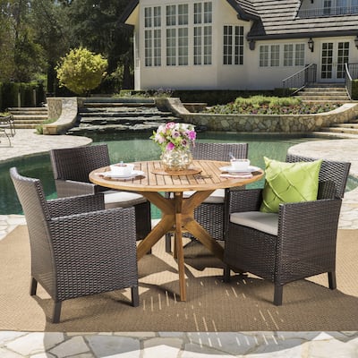 Wes Outdoor 5-piece Round Wicker Wood Dining Set with Cushions by Christopher Knight Home