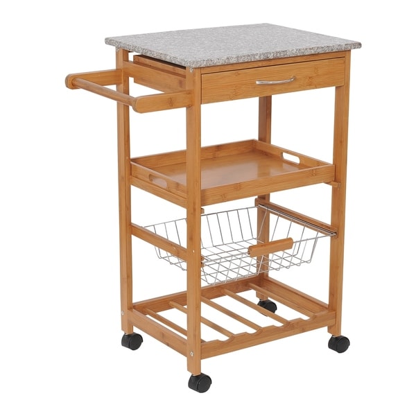 HomCom 31 Wooden Kitchen Island Rolling Storage Cart With Granite Top and Wine Rack