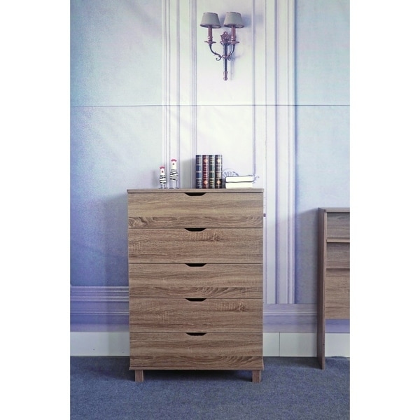 Spacious Brown Finish Chest With 5 Drawers On Metal Glides.