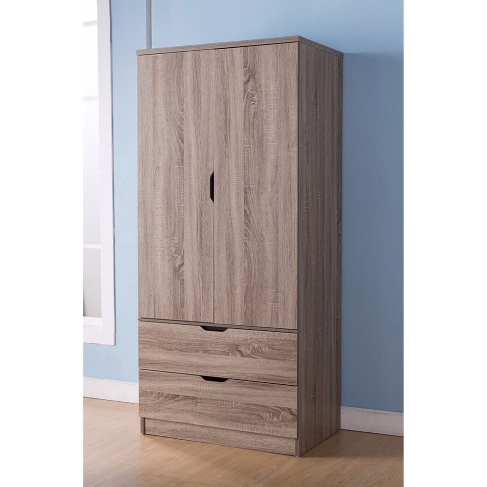 2 Door Wooden Wardrobe With Bottom Drawers Dark Taupe Brown