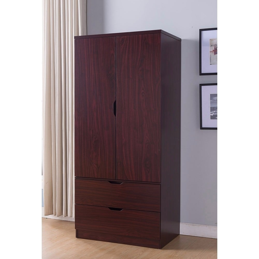 Spacious 2 Door Wooden Wardrobe With Bottom Drawers Mahogany Brown