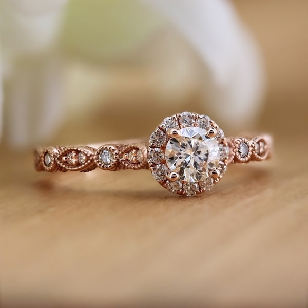 Auriya 14k Gold 3/4ctw Vintage Round Halo Diamond Engagement Ring