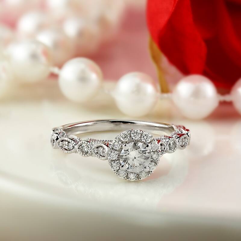 Auriya 14k Gold 3/4ctw Vintage Round Halo Diamond Engagement Ring