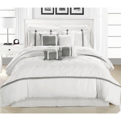 Chic Home Wright White and Silver Pinch Pleated Embroidered 12 Piece Comforter Set Bed in a Bag
