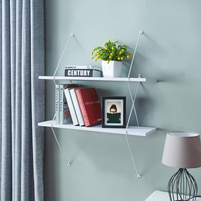 Danya B. Contemporary Two Level Wall Shelf with Wire Brackets White