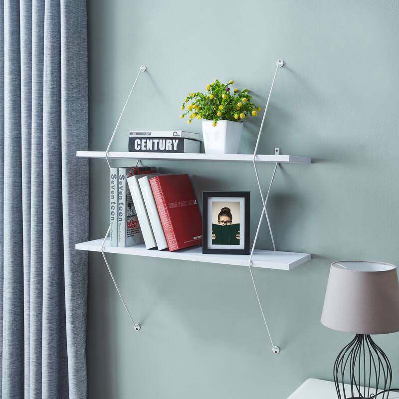 Danya B. Contemporary Two Level Wall Shelf with Wire Brackets White