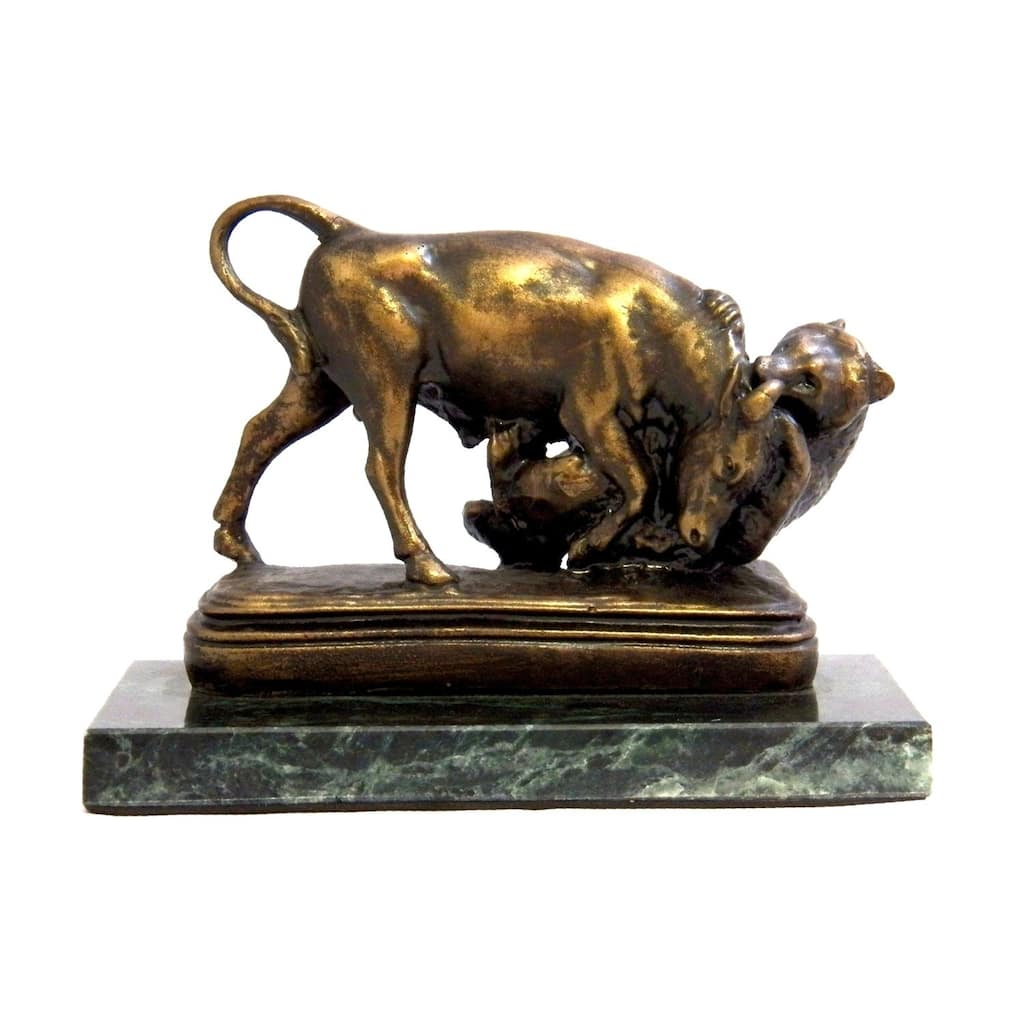 "Eternal Struggle of Bull & Bear", Bronzed Finished Sculpture on Green Marble Base.