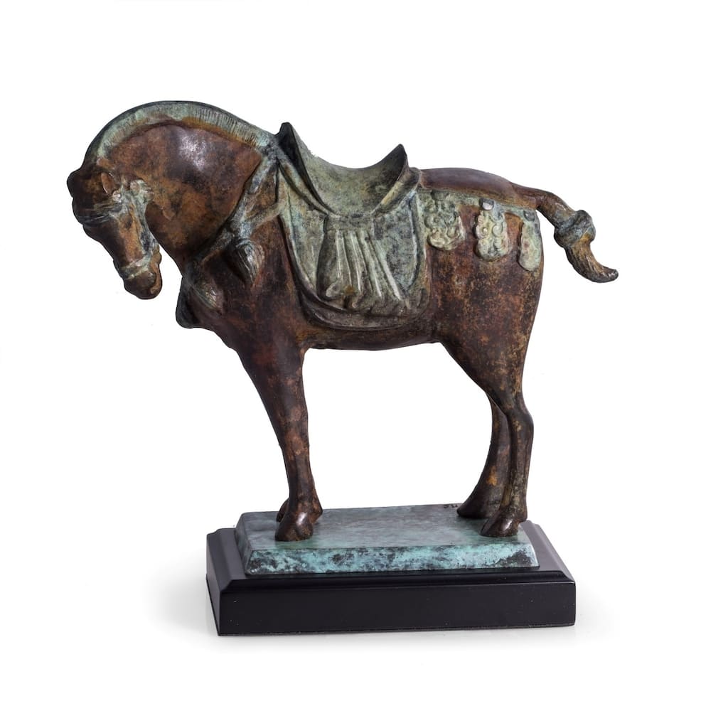 Brass Tang Horse with Flamed Patina Finish on Wood Base