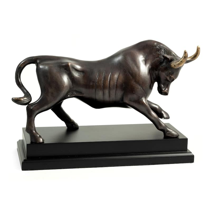 Brass Raging Bull Sculpture on Black Wood Base.