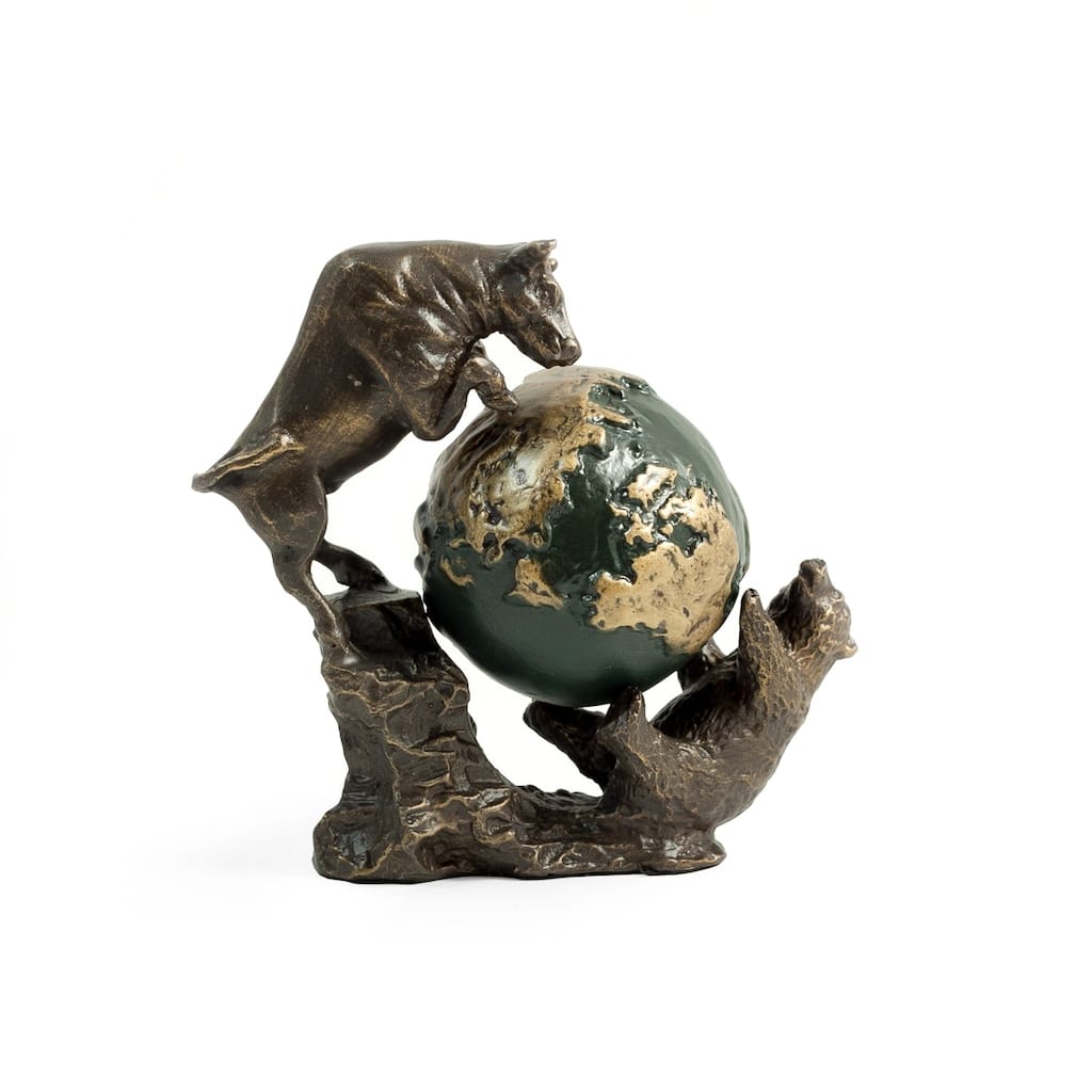 Bronzed Finished Bull & Bear Fight Sculpture with Globe.