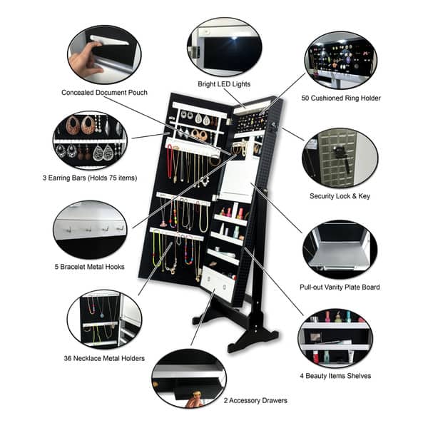 Chic Home Finesse CrystalBordered Jewelry Armoire Cheval Mirror Bed