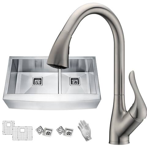 ANZZI Elysian Farmhouse Stainless Steel 36 in. 60/40 Double Bowl Kitchen Sink with Faucet in Brushed Nickel