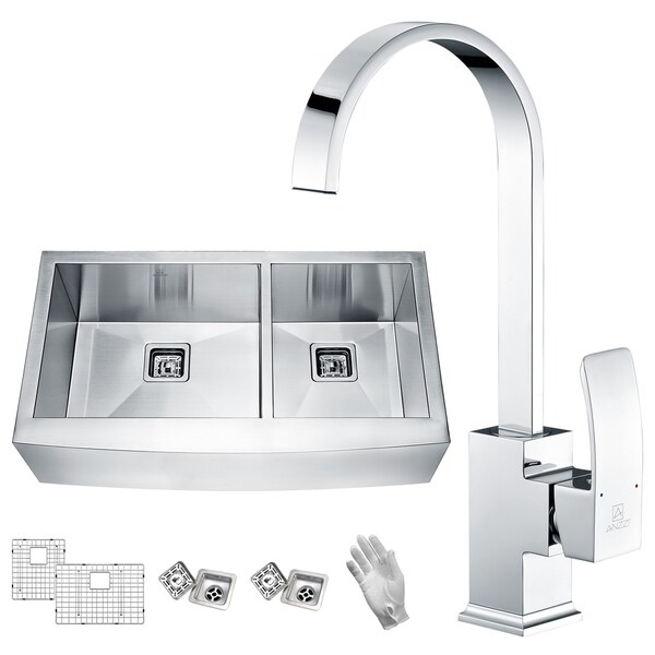ANZZI Elysian Farmhouse Stainless Steel 36 in. 60/40 Double Bowl Kitchen Sink with Faucet in Polished Chrome