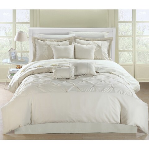 Chic Home Wright Beige Pinch Pleated Embroidered 12 Piece Comforter Set Bed in a Bag
