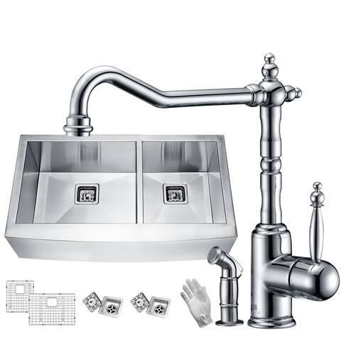 Elysian Farmhouse Stainless Steel 33 in. 60/40 Double Bowl Kitchen Sink with Faucet in Polished Chrome - Silver