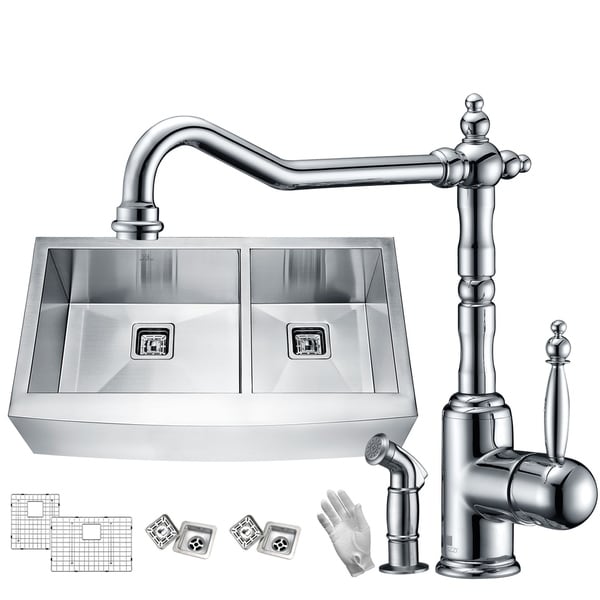 Elysian Farmhouse Stainless Steel 33 in. 60/40 Double Bowl Kitchen Sink with Faucet in Polished Chrome - Silver. Opens flyout.