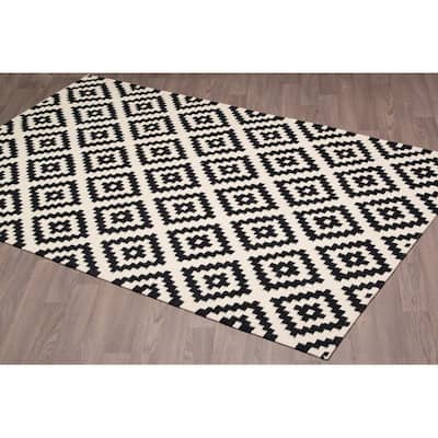 Stockholm Kilim Black Ivory Reversible Wool Rug - 8' x 10'