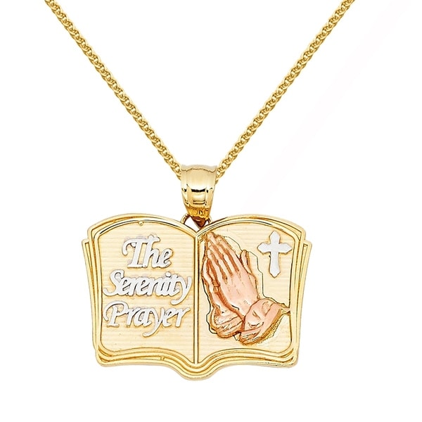 14k White Gold CZ Prayer Pendant with 1.3mm Flat Open Wheat Chain Necklace