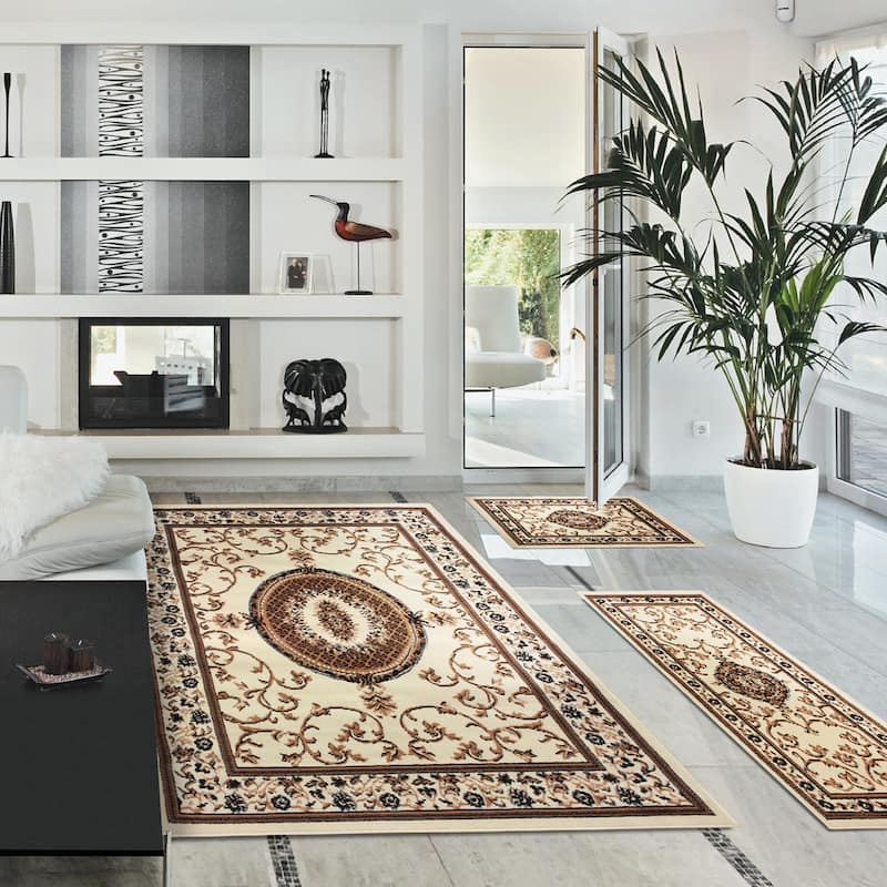 Formal Floral Scroll Vines Border Indoor 3-Piece Area Rug Set by Superior