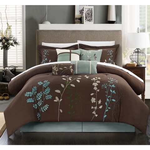 Chic Home Nits 12-Piece Brown Embroidered Floral 12 Piece Comforter Bed in a Bag