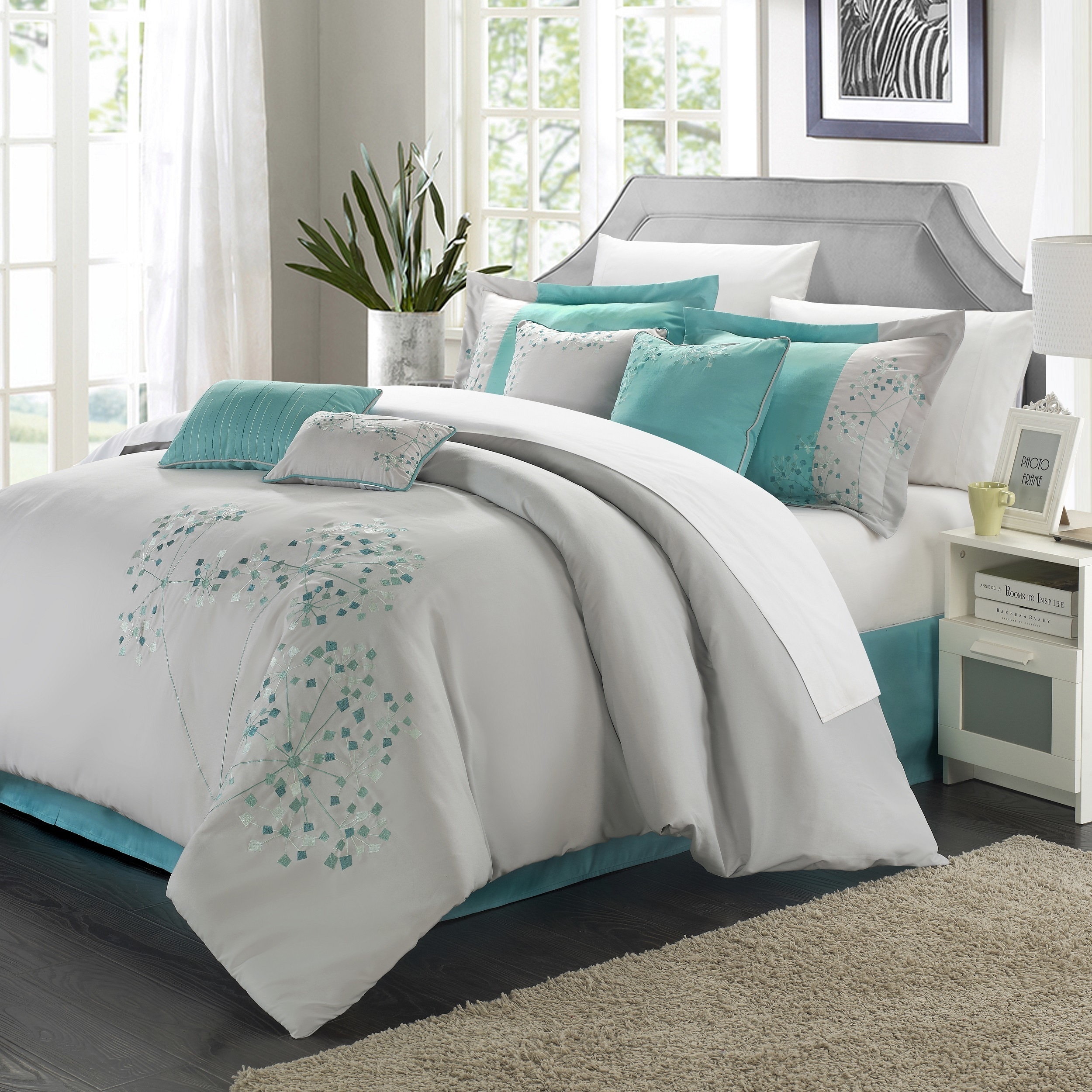 Shop Chic Home Shea 12 Piece Grey And Turquoise Embroidered Floral