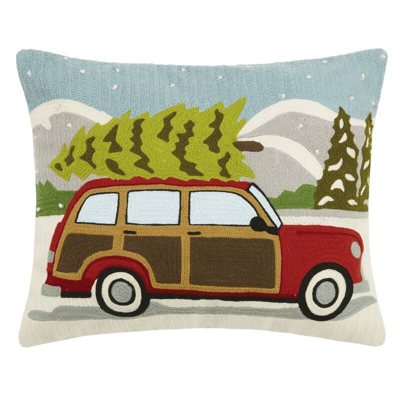Wagon with Christmas Tree Crewel Embroidered Pillow