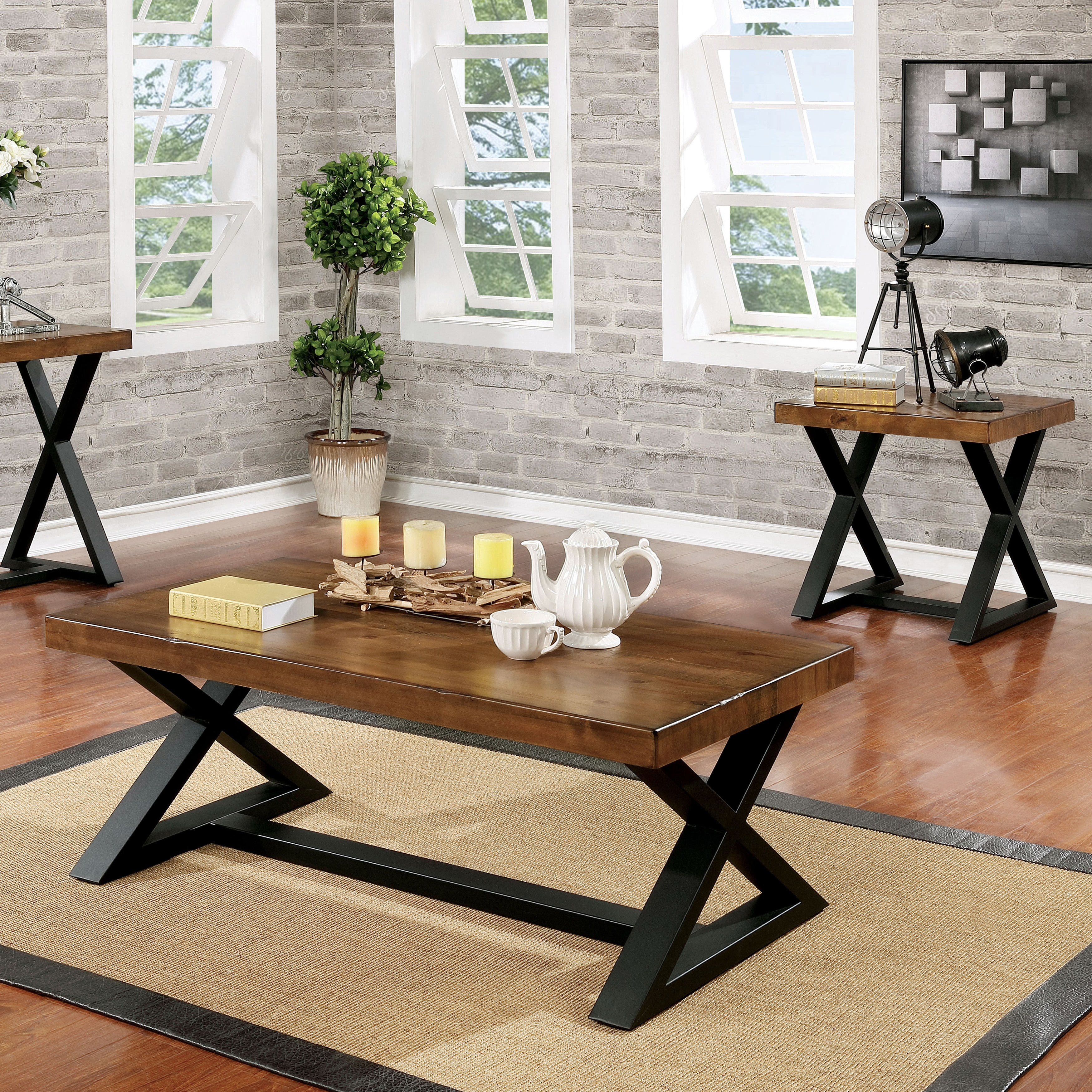 Furniture of America Wildrow Rustic Oak 50-inch Metal Coffee Table
