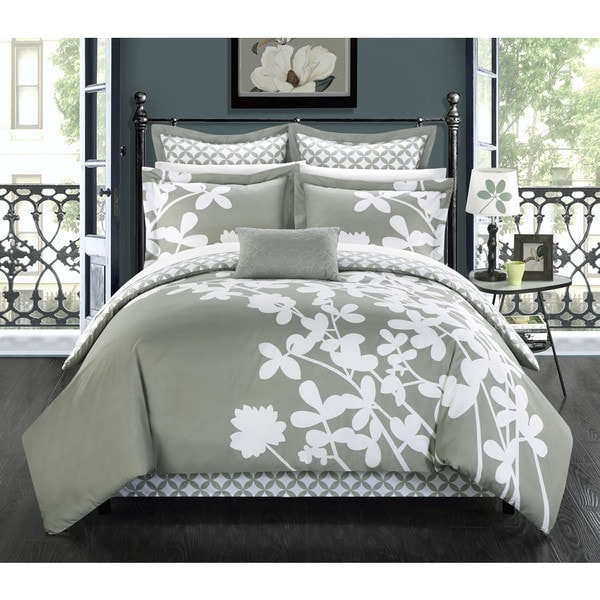 Chic Home Fritzie Grey Floral Print Reversible 11 Piece Comforter Set ...
